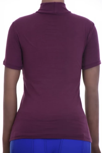 Women's cotton tee with a mock neckline and short sleeves, a slim close fit that follows the figure.