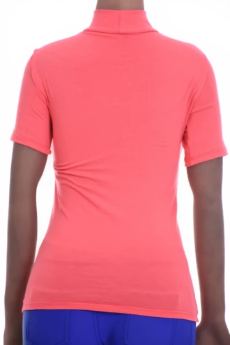 Women's cotton tee with a mock neckline and short sleeves, a close slim cut that follows the figure.