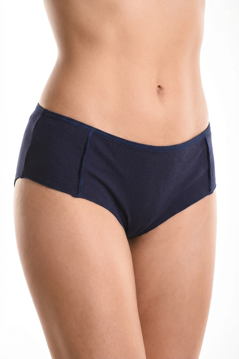 Dark blue cotton boyshorts by Tiara Galiano, a soft breathable cotton-blend pair with full back coverage and a squared leg.