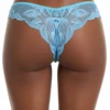 Bright electric-blue floral lace Brazilian briefs with an open lower curve and satin bows, a vivid low-rise cut.