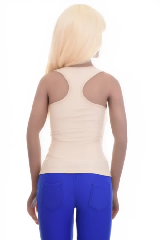 Fine microfiber tank with a racerback that pulls the straps to the spine, stretch slim fit for everyday wear.