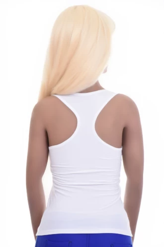 Smooth fine microfiber tank with a racerback that draws the straps in towards the spine, slim with stretch.