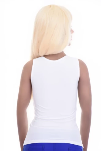 Fine microfiber tank with wide straps that lie flat on the shoulders and cover a bra strap, slim with stretch.