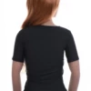 Fine microfiber tee with a feminine low scoop, a smooth slim shape that stays flat under other layers.