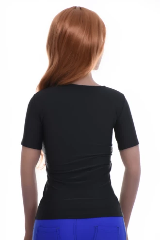 Fine microfiber tee with a feminine low scoop, a smooth slim shape that stays flat under other layers.