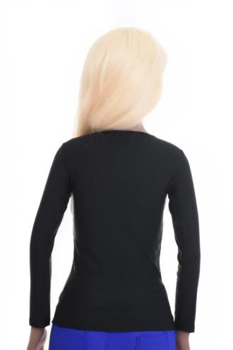 Smooth fine microfiber long-sleeve tee with a low scoop neck and stretch slim line that follows the figure.
