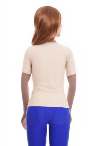 Fine microfiber tee with stretch, a low scoop neck and short sleeves that sits smooth under a blazer.