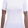 Fitted cotton-blend tee with a mock neck that sits high at the throat, soft stretch for an easy slim shape.