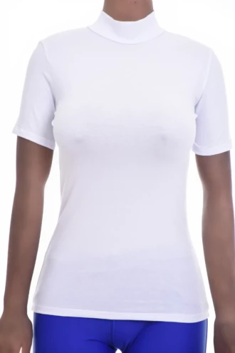 Fitted cotton-blend tee with a mock neck that sits high at the throat, soft stretch for an easy slim shape.