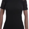 Women's fitted cotton-lace tee with a mock neckline and long sleeves in a close slim cut.