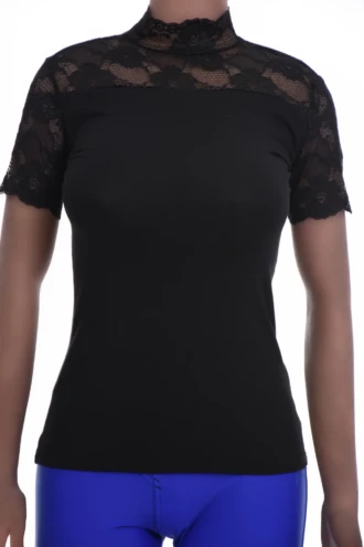 Women's fitted cotton-lace tee with a mock neckline and long sleeves in a close slim cut.