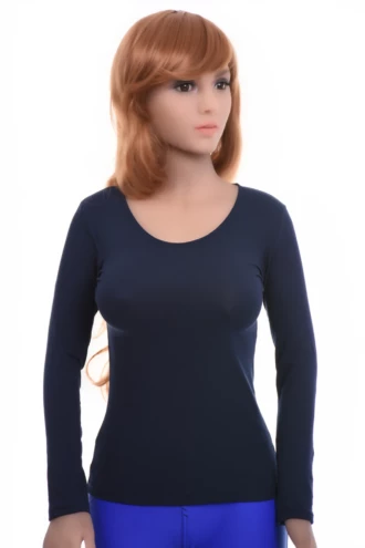 Pull-on women's cotton long-sleeve tee with a fitted body-skimming cut and a comfortable scoop neckline.