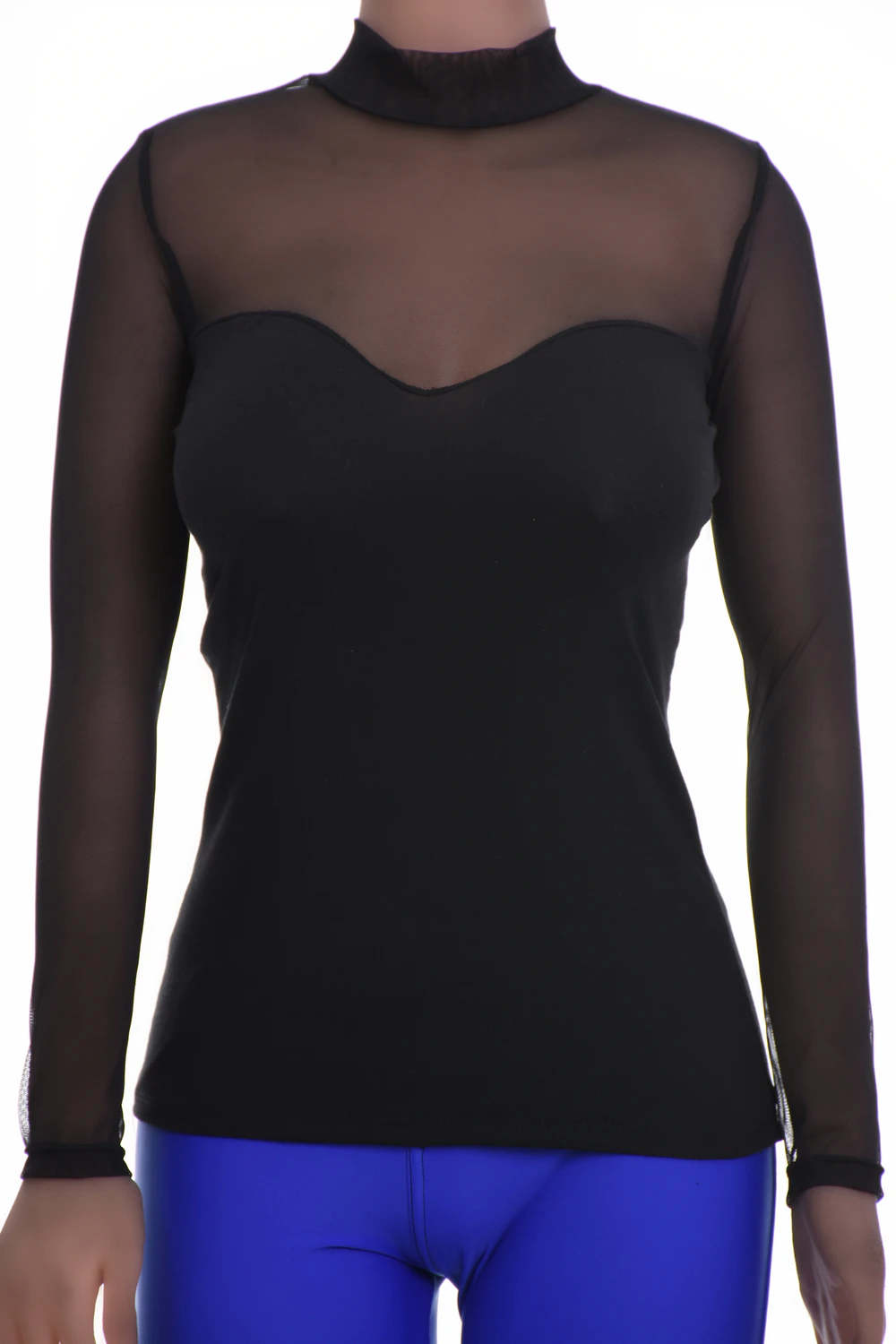 Women's fitted cotton-mesh tee in black with a mock neckline and short sleeves in a close slim cut.