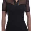 Women's fitted cotton-mesh tee in black with a V-neckline and short sleeves in a close slim cut.