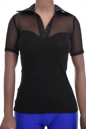 Women's fitted cotton-mesh tee in black with a V-neckline and short sleeves in a close slim cut.