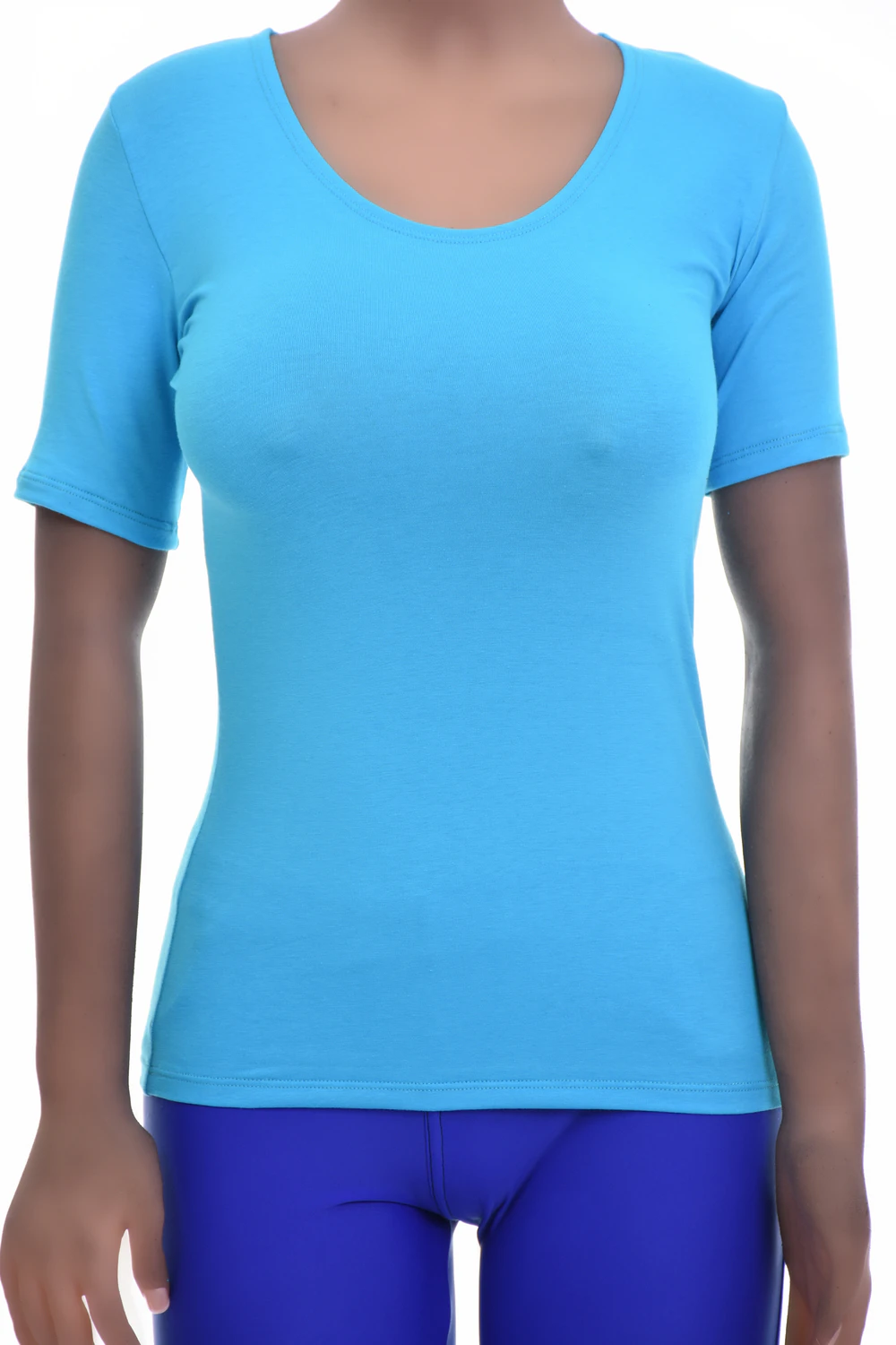 Fitted cotton tee with a feminine scoop neck and a light body-skimming line that lies flat under a shirt.