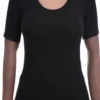 Fitted cotton tee with a feminine scoop neckline and a touch of stretch, light for warm-weather wear.