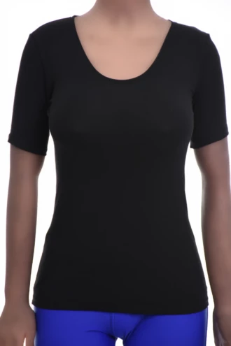Fitted cotton tee with a feminine scoop neckline and a touch of stretch, light for warm-weather wear.