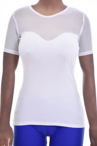 Women's fitted cotton-blend tee with a round neckline and short sleeves in a close body-skimming cut.