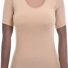 Women's fitted cotton-blend tee with a scoop neckline and short sleeves in a close body-skimming cut.