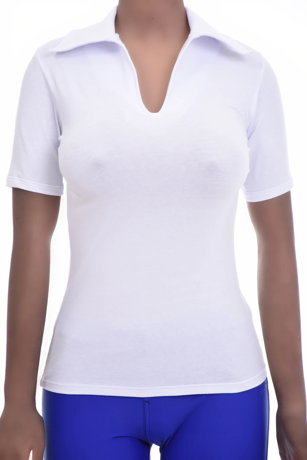 Women's fitted cotton-blend tee with a V-neckline and short sleeves in a close body-skimming cut.