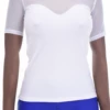 Women's fitted mesh and microfiber tee with a round neckline and short sleeves in a close slim cut.