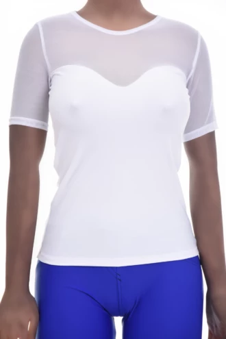 Women's fitted mesh and microfiber tee with a round neckline and short sleeves in a close slim cut.