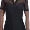 Women's fitted mesh and microfiber V-neck tee in black with short sleeves and a breathable slim cut.