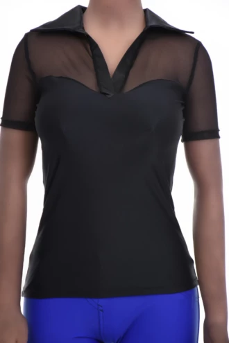 Women's fitted mesh and microfiber V-neck tee in black with short sleeves and a breathable slim cut.