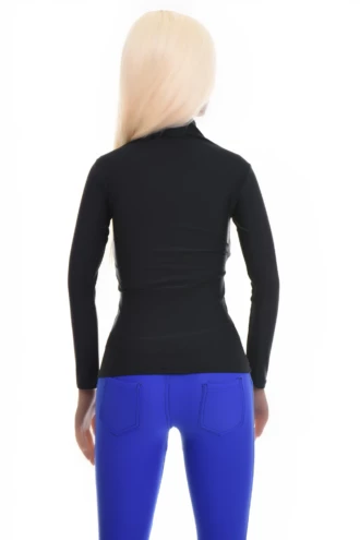 Close-fitting microfiber tee with a mock neckline, breathable stretch fabric and an easy pull-on shape.