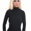 Women's fitted microfiber tee in black with a mock neckline and long sleeves in a smooth slim cut.
