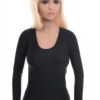 Women's fitted microfiber tee in black with a scoop neckline and long sleeves in a smooth slim cut.
