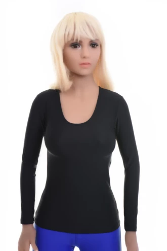 Women's fitted microfiber tee in black with a scoop neckline and long sleeves in a smooth slim cut.