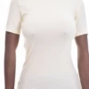 Fitted soft cotton tee with a mock neckline and short sleeves, light and close that keeps its shape washing.
