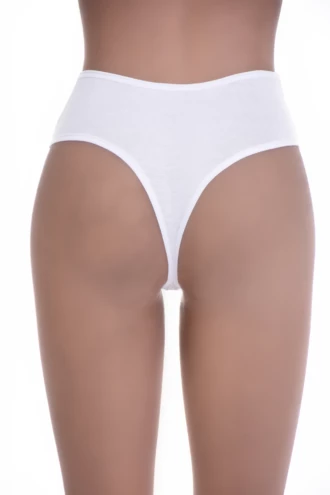 High-rise cotton thong with a smooth solid face and thong back, a more covered comfortable cut.