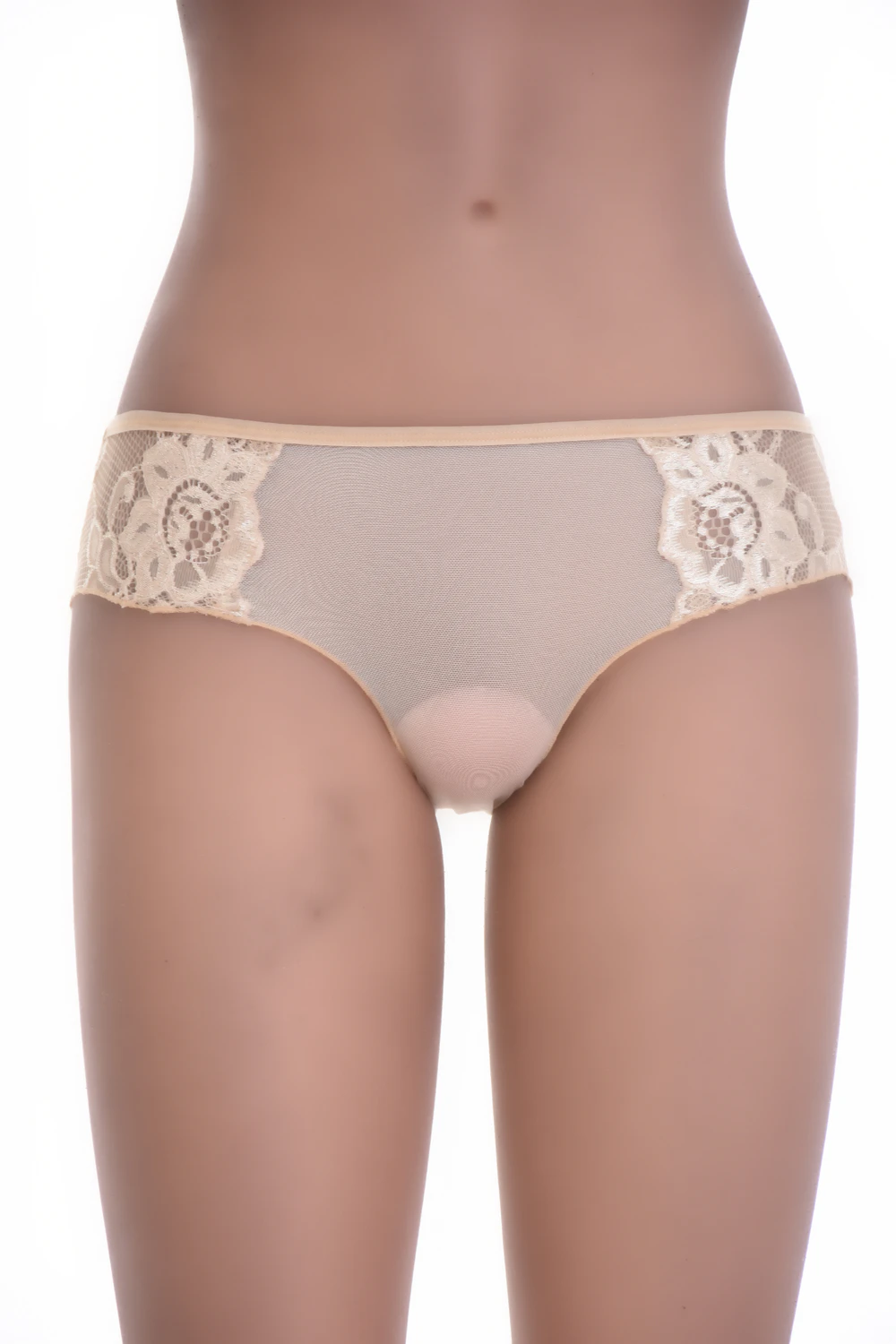 Delicate mesh boyshorts by Tiara Galiano with lace side panels, a lighter dressier feel than plain cotton.
