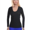 Slim black microfiber base-layer tee with long sleeves, sitting smooth under a cardigan or open shirt.