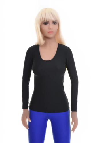 Slim black microfiber base-layer tee with long sleeves, sitting smooth under a cardigan or open shirt.