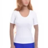 Microfiber base-layer tee that sits flat under a blazer, with short sleeves and a feminine scoop neckline.