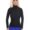 Slim black microfiber base-layer tee with long sleeves, sitting flat under a blazer or open shirt.