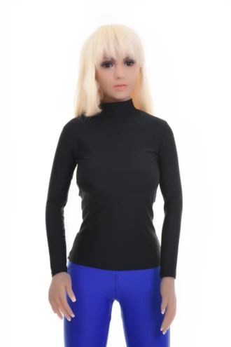 Slim black microfiber base-layer tee with long sleeves, sitting flat under a blazer or open shirt.