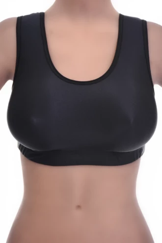 Soft-cup microfiber bralette in black with no wires or padding, smooth and out of sight beneath a t-shirt.