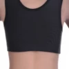 Smooth black microfiber bralette with an open back and wide straps resting comfortably across the shoulders.