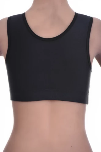 Smooth black microfiber bralette with an open back and wide straps resting comfortably across the shoulders.