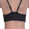 Smooth black microfiber bralette with a strappy back and delicate spaghetti straps, wireless with gentle support.