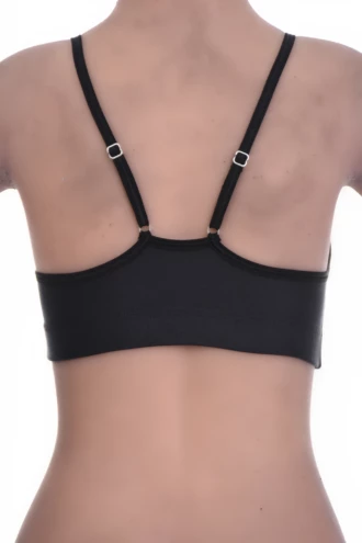 Smooth black microfiber bralette with a strappy back and delicate spaghetti straps, wireless with gentle support.