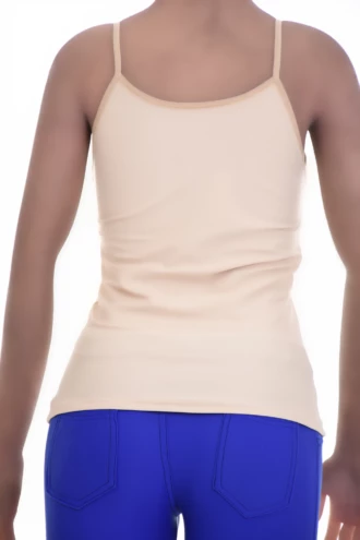 Women's microfiber camisole with thin spaghetti straps and a scoop neck, smooth and slim under a shirt.