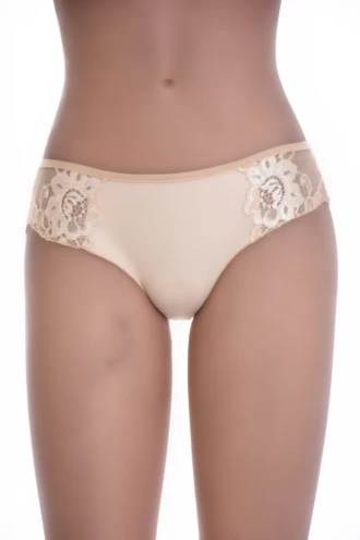 Fine microfiber boyshorts with floral lace side panels, sitting between a plain no-show pair and an all-lace one.