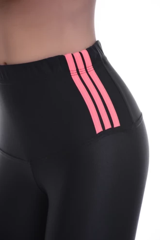 Close-up of black microfiber leggings waistband with three pink stripes, showing the fabric detail