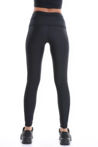 Black high-waisted microfiber leggings, full-length back view with a smooth figure-hugging silhouette